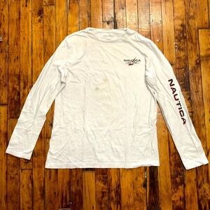 Nautica T-Shirt Men's Large White 100% Cotton Long Sleeve Crew Neck Pullover